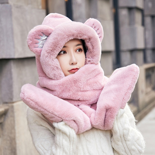 秋冬围巾韩版手套一体帽子女可爱天使耳朵加厚保暖三件套围脖套帽
