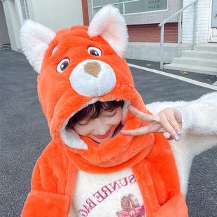 儿童帽子围巾一体连手套冬季加厚保暖三件套女火狐狸耳朵毛绒秋冬