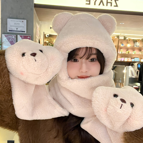 小熊帽子围巾一体女冬季