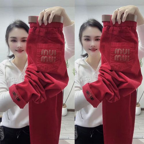 韩版高腰原创新款中国红长裤