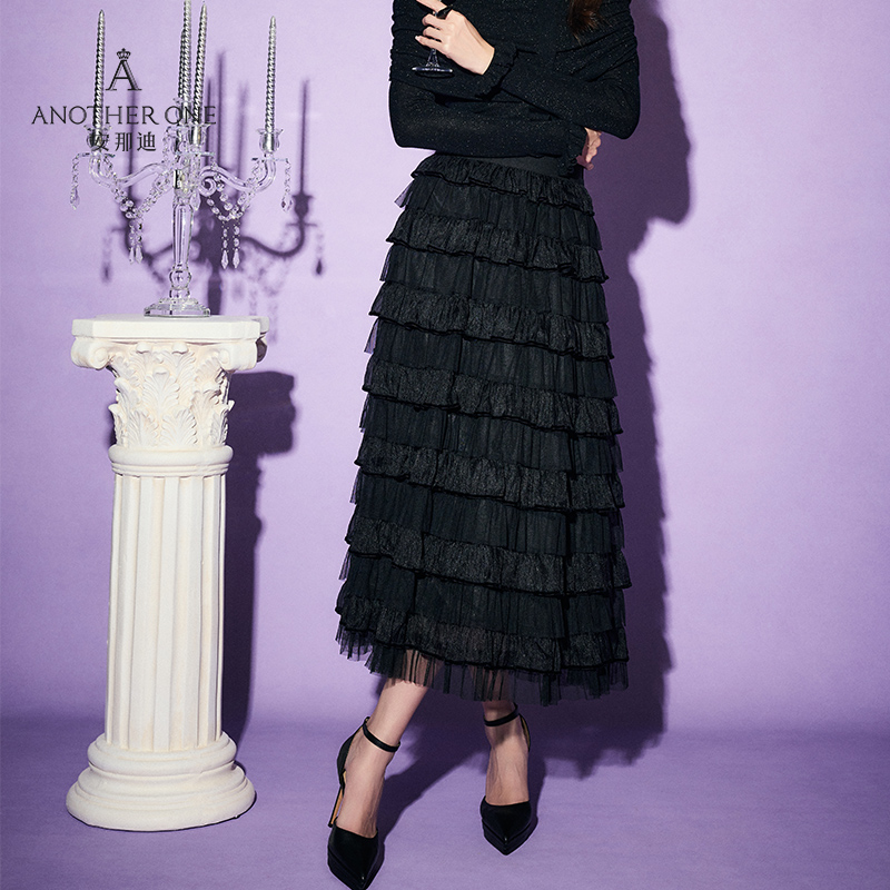 气质简约蛋糕裙黑色通勤长裙