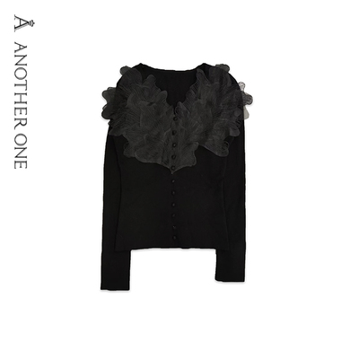 法式绝美气质V领蕾丝长袖针织衫