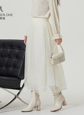 ANOTHER ONE安那迪法式优雅白色蕾丝网纱半身裙女中长款A字大摆裙