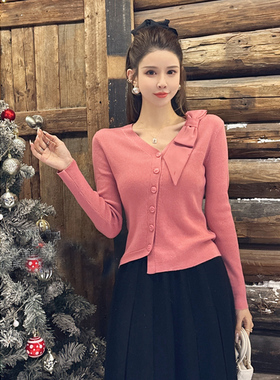 ANOTHER ONE安那迪V领显瘦针织上衣女蝴蝶结设计精致时尚百