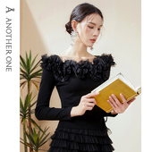 ANOTHER 打底衫 ONE安那迪一字肩针织上衣法式 复古长袖