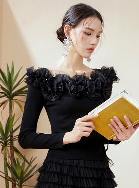 ANOTHER ONE安那迪一字肩针织上衣法式复古长袖打底衫