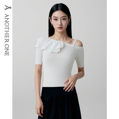 斜肩上衣露肩荷叶边针织衫