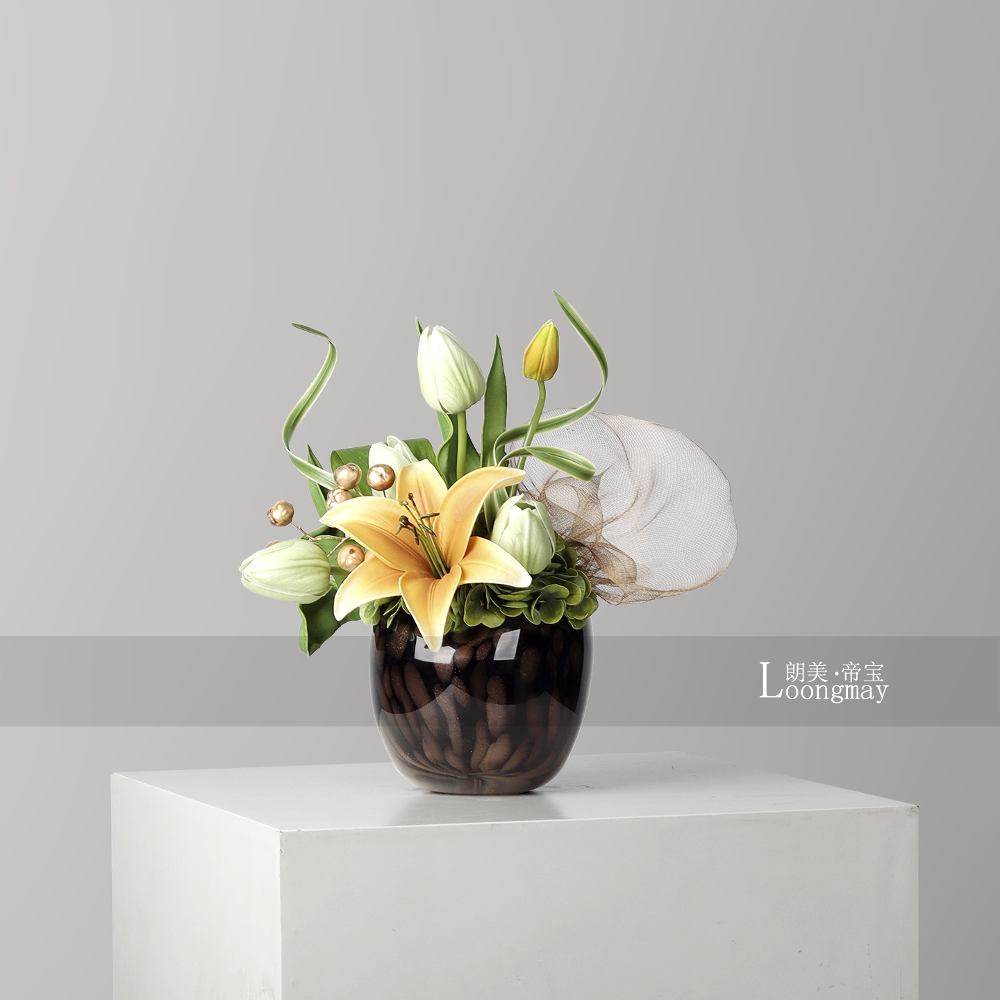 中古老钱风黑金玻璃花瓶花艺售楼处酒店客厅茶几洽谈桌小桌花摆件
