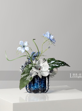 简约时尚蓝色玻璃小花瓶插花售楼处客厅茶几小桌花高级感艺术花艺