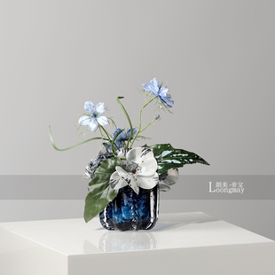 简约时尚蓝色玻璃小花瓶插花售楼处客厅茶几小桌花高级感艺术花艺