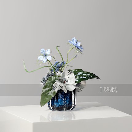 简约时尚蓝色玻璃小花瓶插花售楼处客厅茶几小桌花高级感艺术花艺