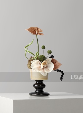侘寂风创意天然大理石花瓶插花架空层会所客厅茶几桌面小桌花摆件