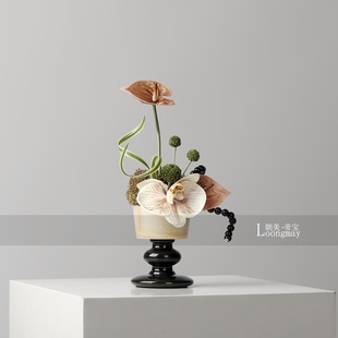 侘寂风创意天然大理石花瓶插花架空层会所客厅茶几桌面小桌花摆件
