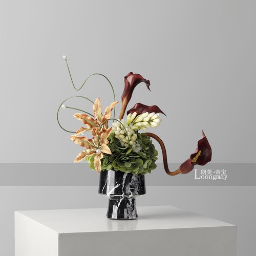 侘寂风创意天然大理石花瓶插花架空层会所客厅茶几桌面小桌花摆件