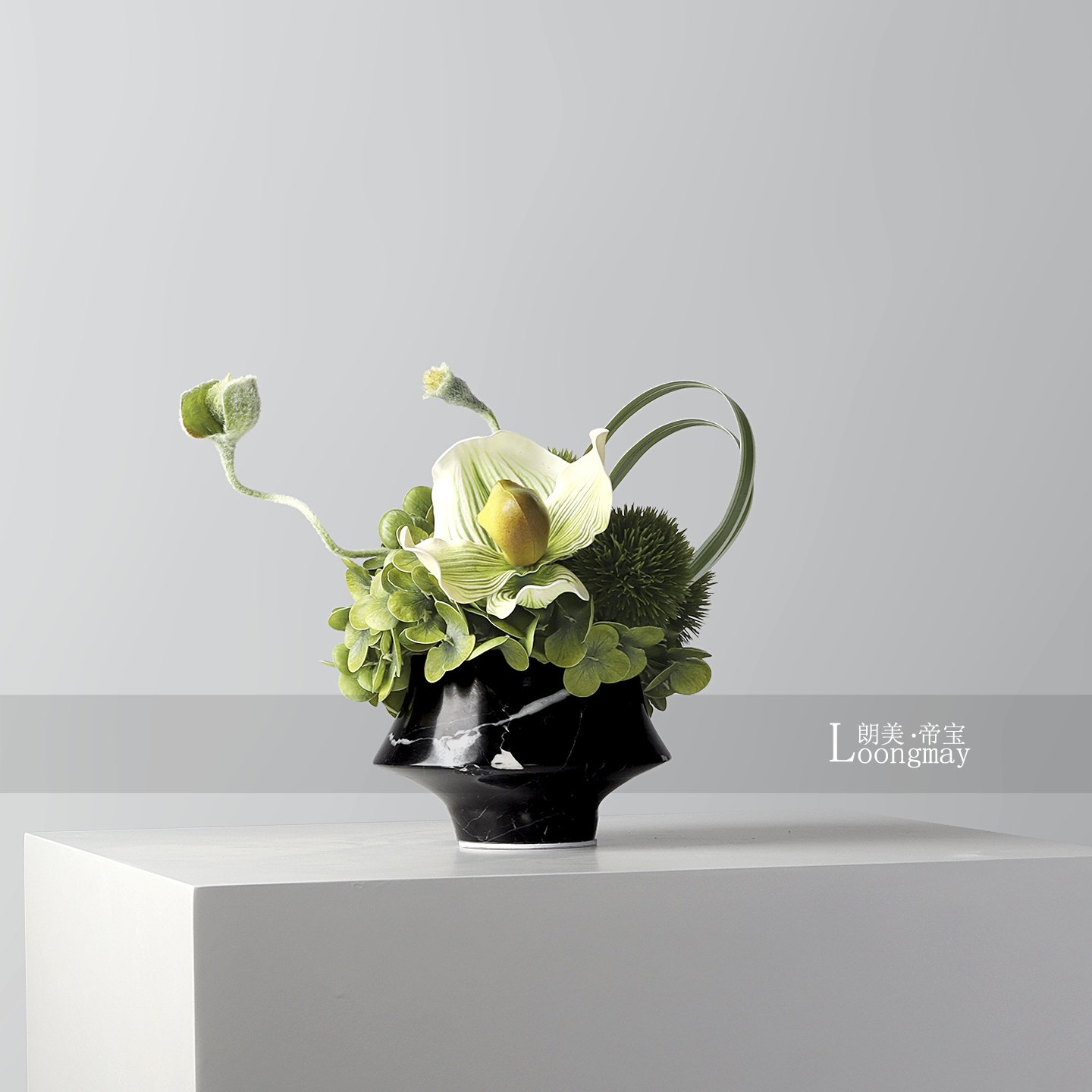 朗美中古艺术黑色大理石花瓶插花架空层客厅茶几小桌花高级感摆件