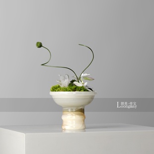 中古艺术天然玉石花瓶花艺售楼处客厅茶几苔藓绿植小桌花摆件果盘