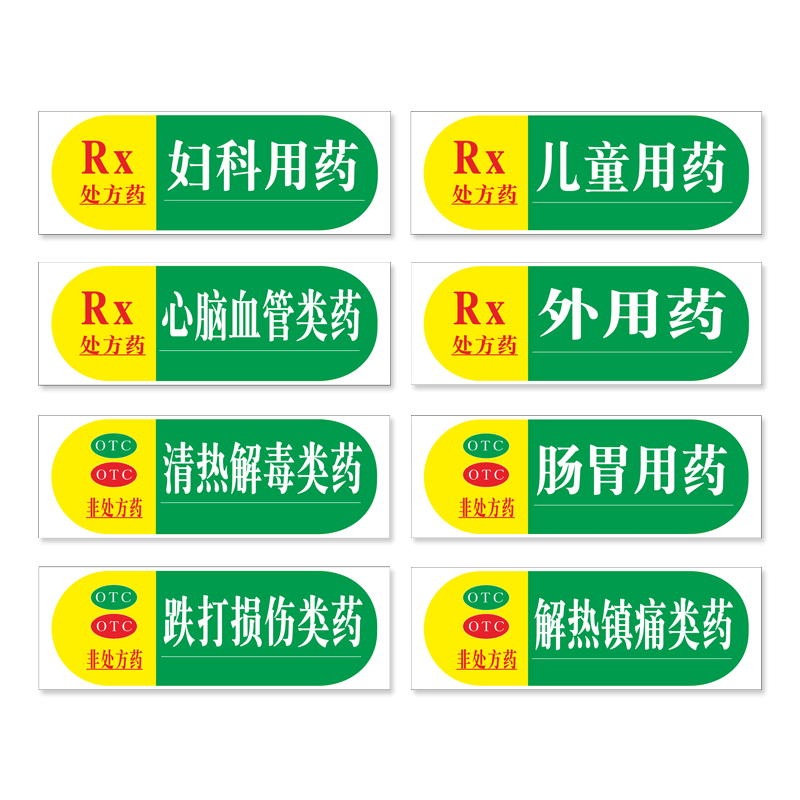 药房药品分区牌儿童妇科肠胃用药分类牌跌打损伤心脑血管清热解毒外用药标签医院药店柜台处方非处方药标识牌