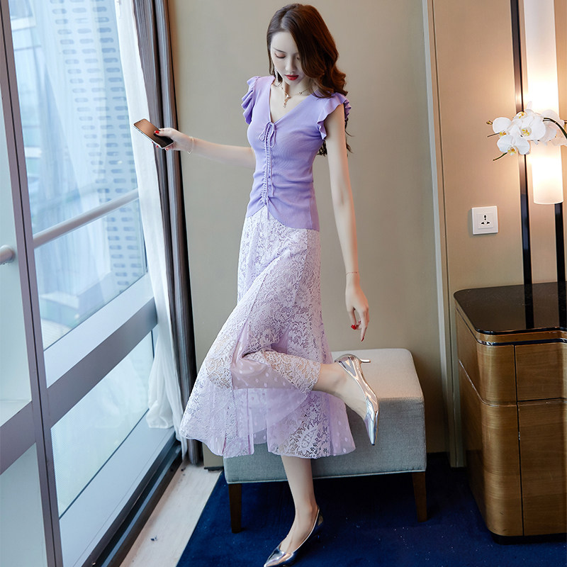 紫色蕾丝连衣裙2020新款女夏气质女神范衣服针织裙子套装裙两件套