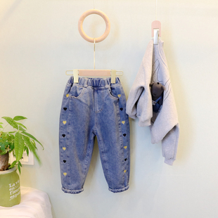 清仓不退换男童女童加厚加绒牛仔裤秋冬新款中小童宝宝老爹裤