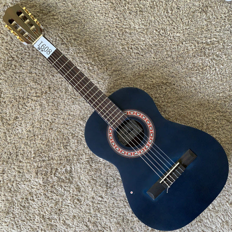 蓝色 云杉桃花芯古典吉他合板34英寸琴颈可调儿童旅行库存微瑕