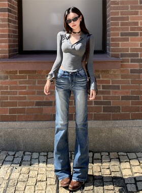 微喇牛仔裤女2026新款夏季美式复古蓝色低腰窄款直筒裤子女小个子