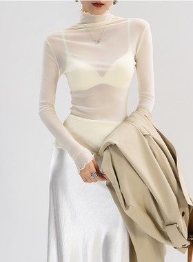 高领蕾丝打底衫内搭叠穿白色独特漂亮高端薄款透明网纱上衣高级感