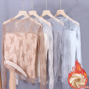 韩版 2020秋冬新款 性感上衣女 网纱洋气内搭打底衫 加绒加厚蕾丝长袖