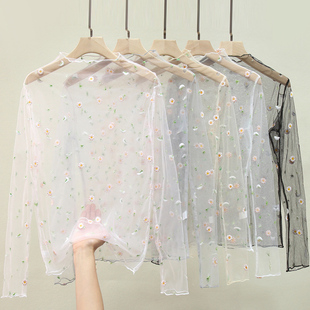 长袖 防晒衣女网纱罩衫 薄款 内搭夏季 T恤叠穿上衣 小雏菊蕾丝打底衫
