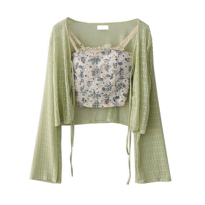 春季新款法式甜美纯欲风小碎花吊带蕾丝系带开衫外套两件式上衣女