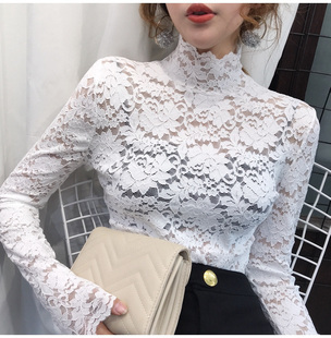 女长袖 网纱上衣欧货内搭半高领打底衫 洋气镂空蕾丝衫 2020秋冬新款