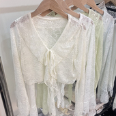 荷叶边蕾丝吊带裙外搭女长袖 披肩防晒网纱镂空配裙子透明短款 上衣