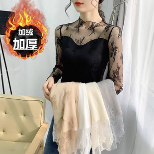 韩版 2020秋冬新款 性感上衣女 网纱洋气内搭打底衫 加绒加厚蕾丝长袖