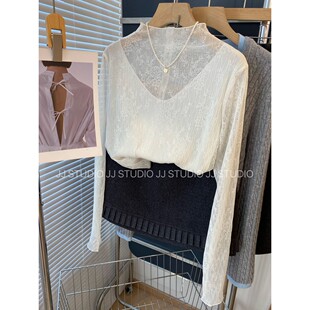 温柔风蕾丝钩花木耳边半高领网纱打底衫 女秋冬米白色内搭套头上衣