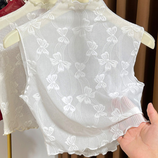叠穿蕾丝假领子女百搭高端木耳边半高领无袖背心网纱打底衫内搭