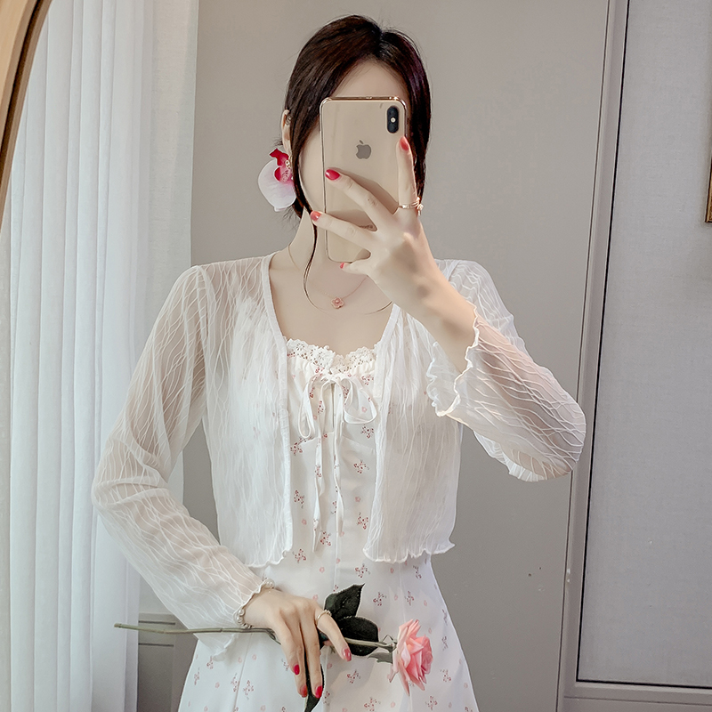 白色短款冰丝防晒薄纱罩衫女夏开衫小个子吊带裙外搭披肩外套上衣