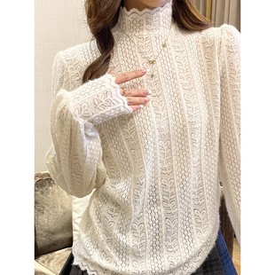 白色小香风缕空蕾丝花边打底衫女秋冬半高领长袖修身内搭T恤上衣