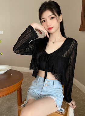 法式蕾丝防晒开衫女黑色短款上衣配吊带连衣裙外搭披肩罩衫女夏季
