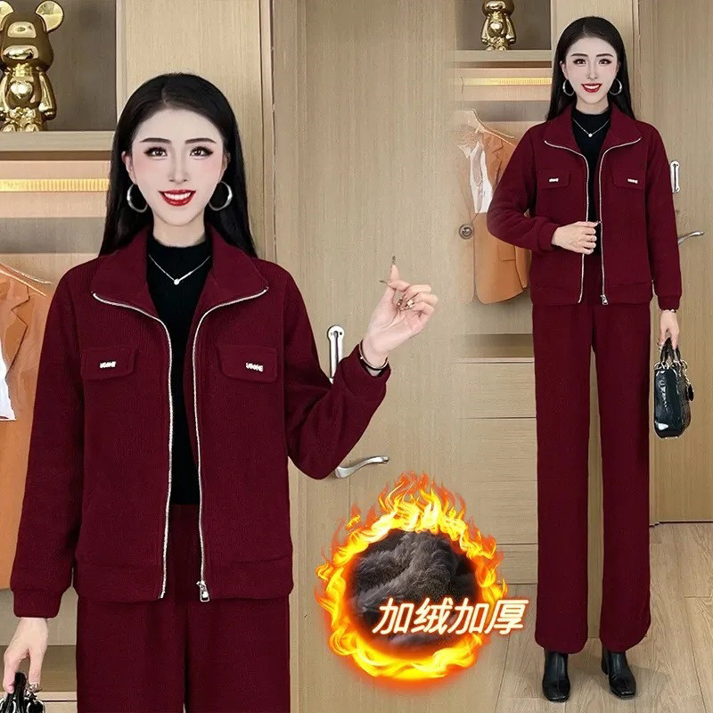 加绒保暖运动套装女2025秋冬季新款时尚韩版妈妈装休闲宽松两件套