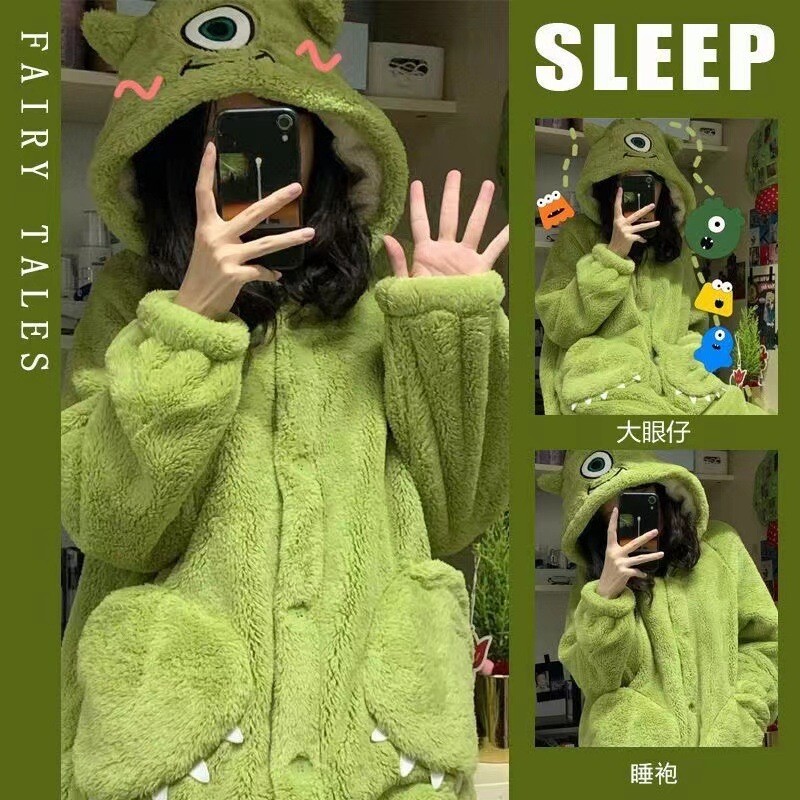 特价！！可爱大眼仔珊瑚绒睡衣女2024年新款卡通冬季加绒加厚睡袍
