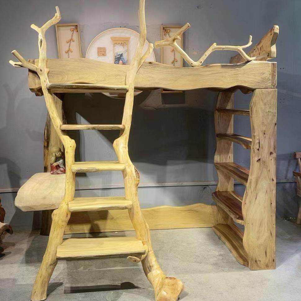 原木网红民宿床原生态全实木双人床自然风香樟木茶楼客栈酒店家具