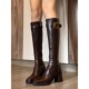 牛皮版 真皮金属扣厚底不过膝长靴粗跟长筒靴女高筒瘦瘦靴骑士靴