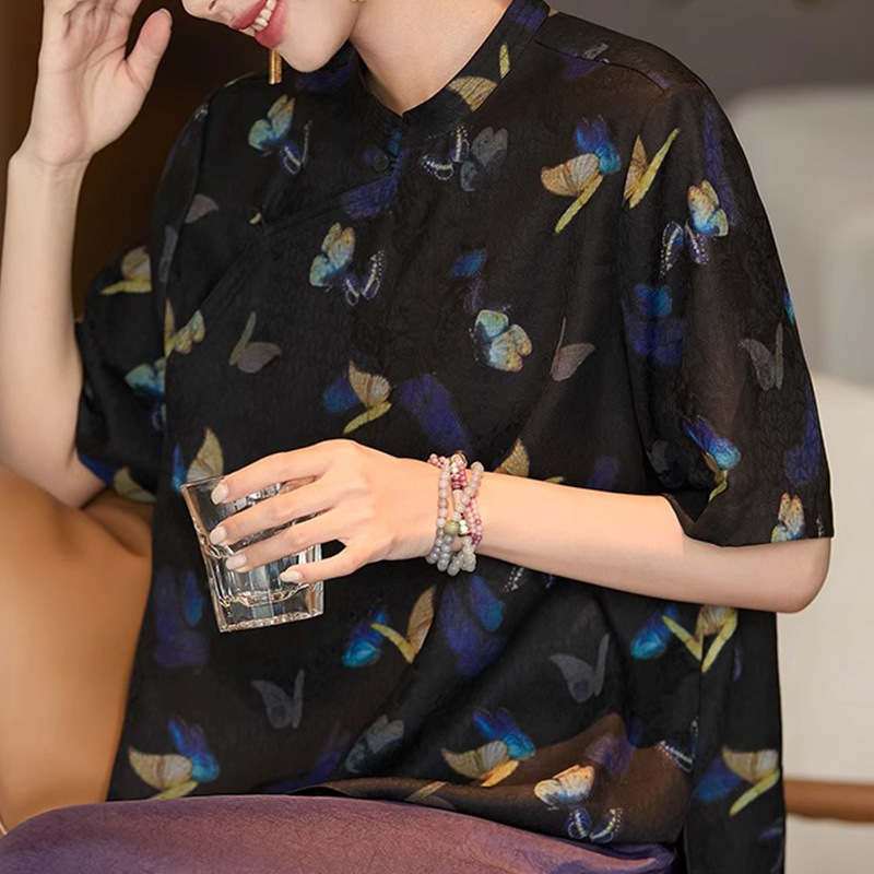 「蝶影深深」真丝香云纱/花萝提花新中式国风上衣桑蚕丝女装夏季
