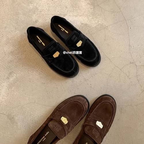 牛皮版~兴胜达鞋miu家小金币真皮绒面一脚蹬乐福鞋女小皮鞋秋