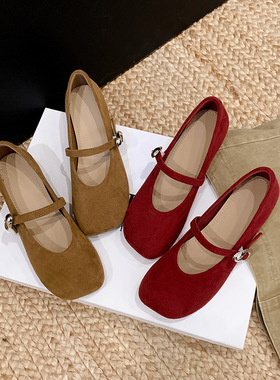 内增高5cm玛丽珍百搭软底不累脚小单鞋平底浅口红色一字扣带女鞋