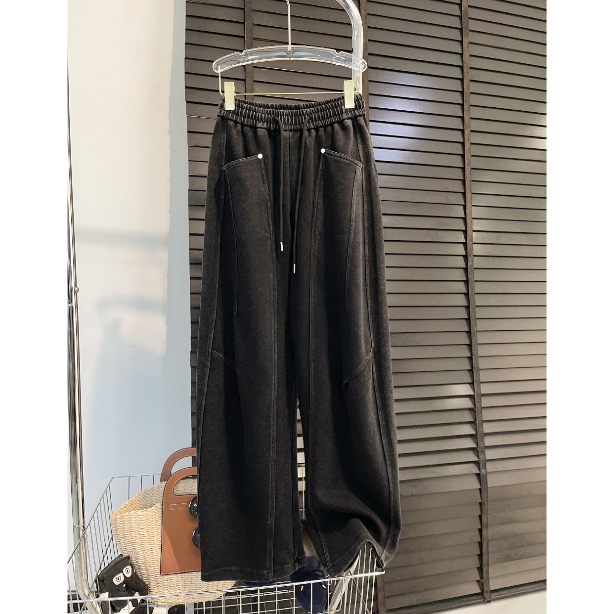 宽松显高显瘦美式酵洗高腰卫裤女