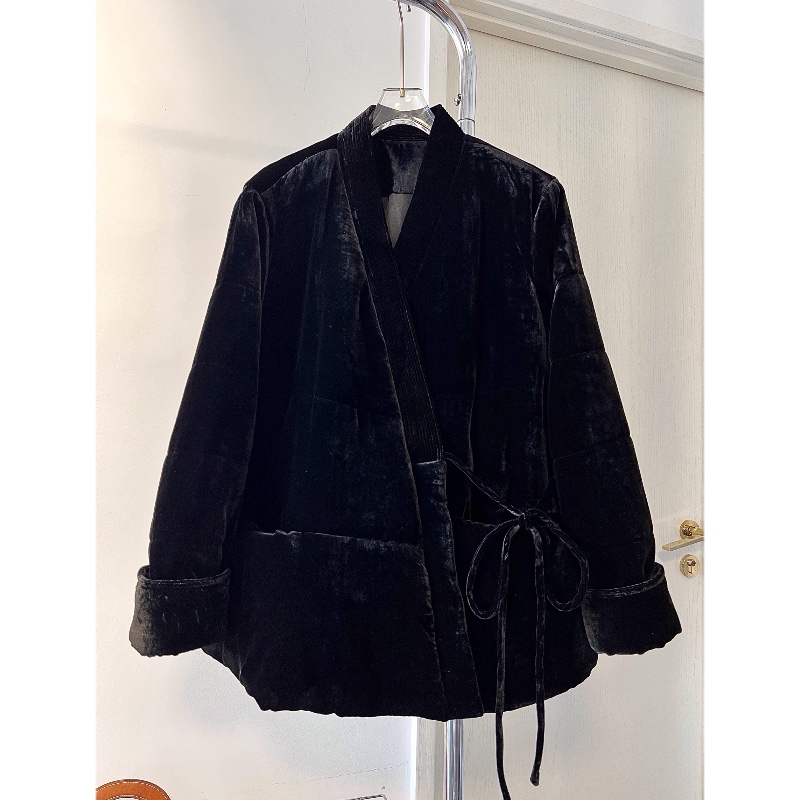 时尚宽松V领系带长袖丝绒棉服潮