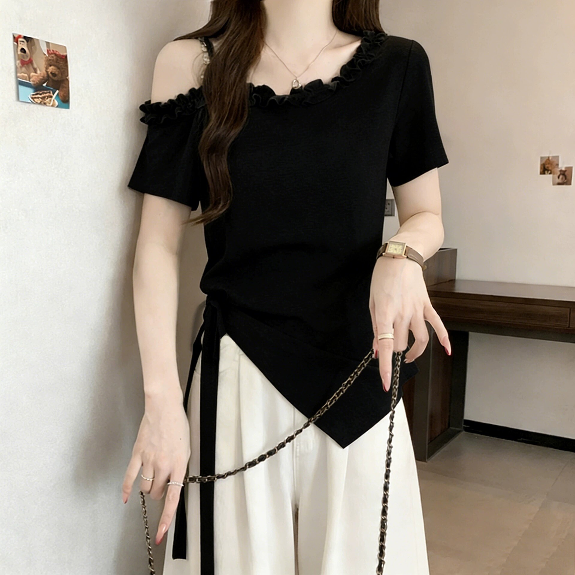 2026夏季新款不规则斜肩短袖t恤女宽松大码褶皱遮肚收腰韩版上衣