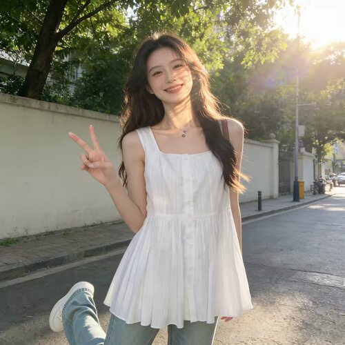 法式高级感白色木耳无袖纯棉衬衫