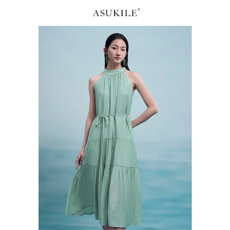 ASUKILE上心 【小青芒】法式高级感海边度假挂脖露肩连衣裙女夏