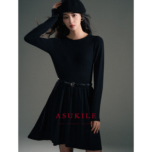【小黑裙Pro】ASUKILE上心小个子短款羊毛连衣裙秋冬女修身针织裙